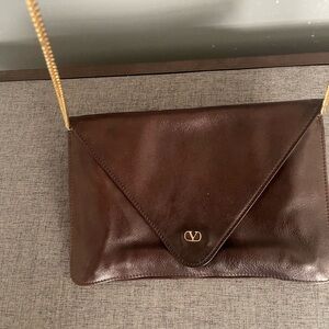 Valentino Dark Brown Vintage Leather Clutch with Gold Chain